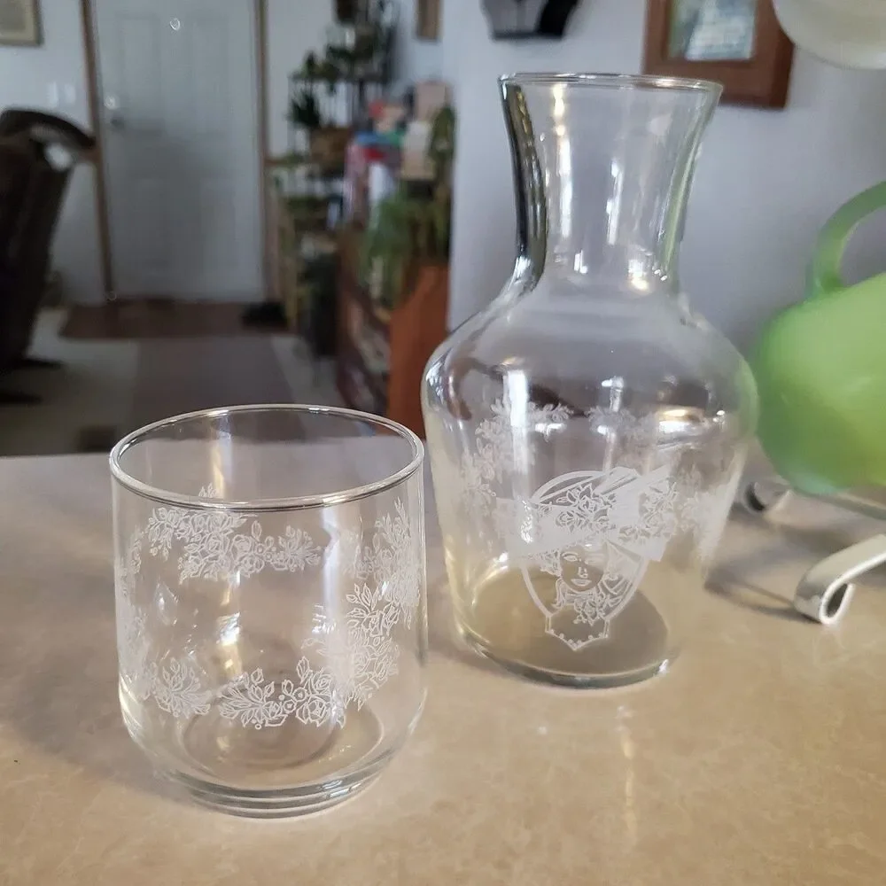 VTG Clear Glass Etched Bedside Carafe Decanter Water Glass Tumbler Set